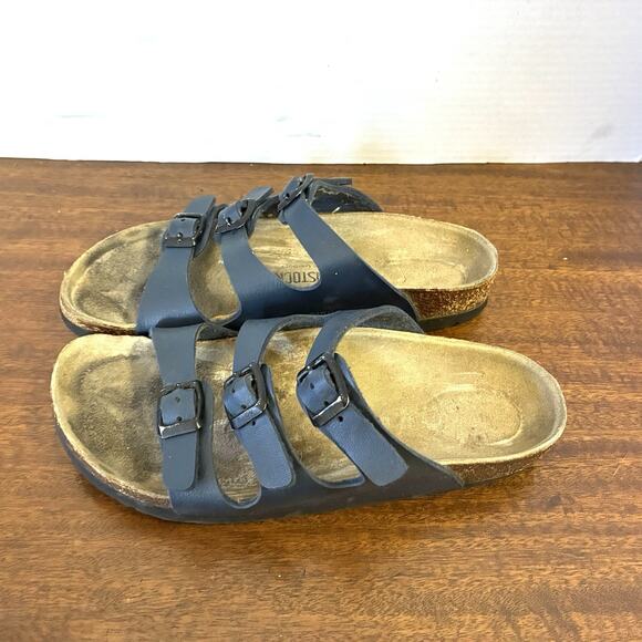 Birkenstock Sandals Womens Sz6 Florida Three Strap Adult 37 Navy Blue Cork Beach - Picture 1 of 9